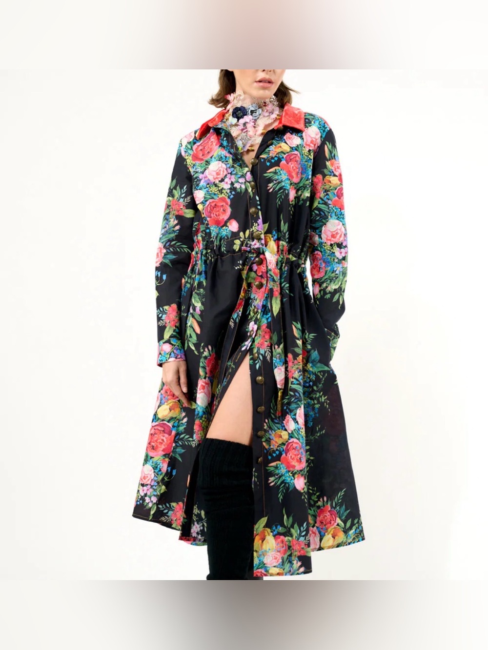 Aratta Zinnia Floral Shirt Dress Features a Velvet Collar and Self-Tie Belt